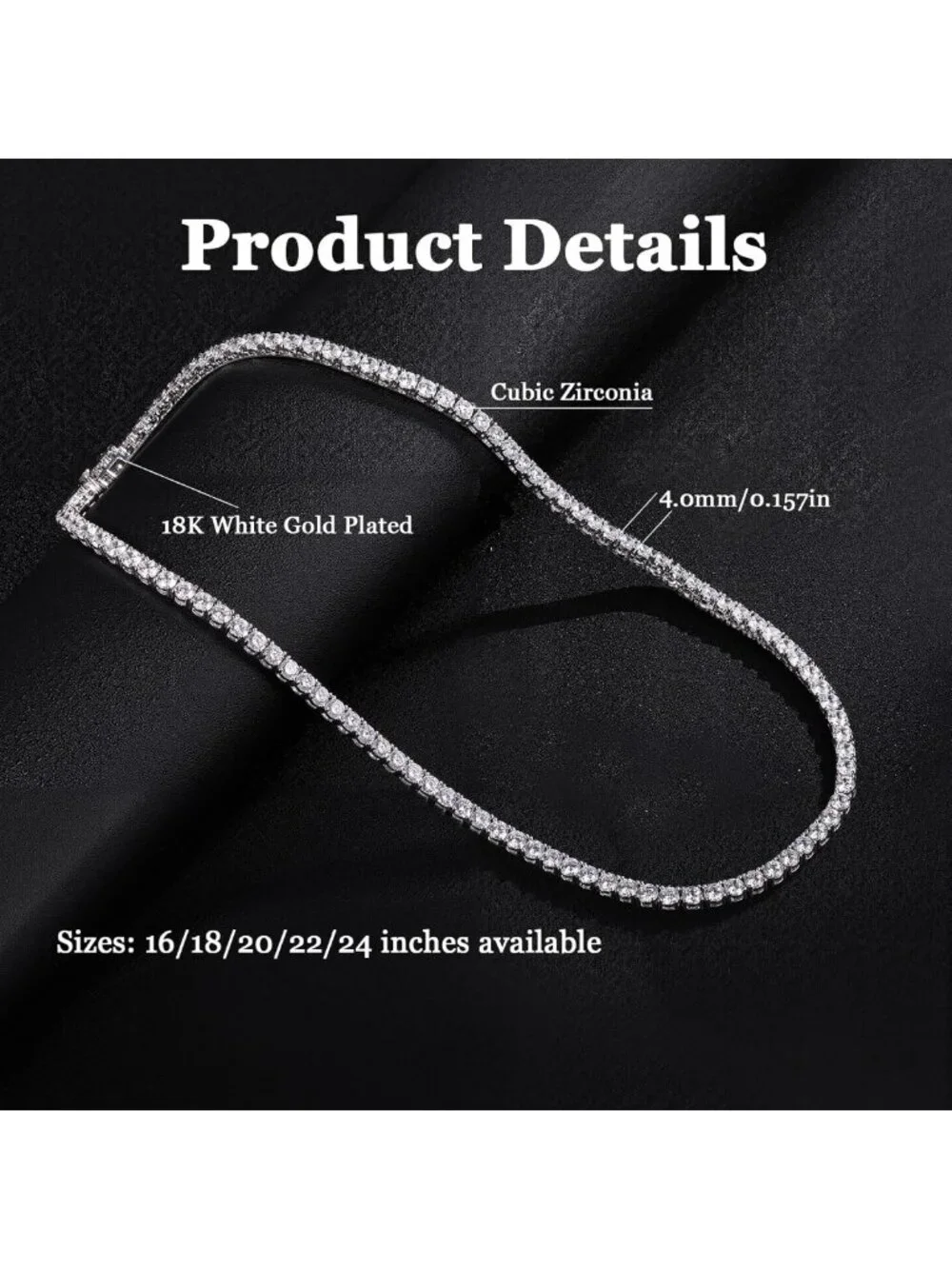 Elegant 4mm CZ Tennis Necklace, 18K Gold Plated, Adjustable 16-24 Inches